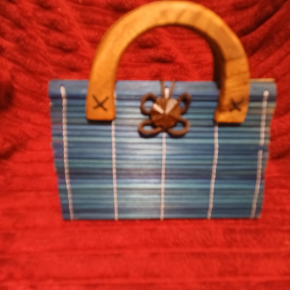 Blue and Brown Plaid Clutch with Wooden Handle